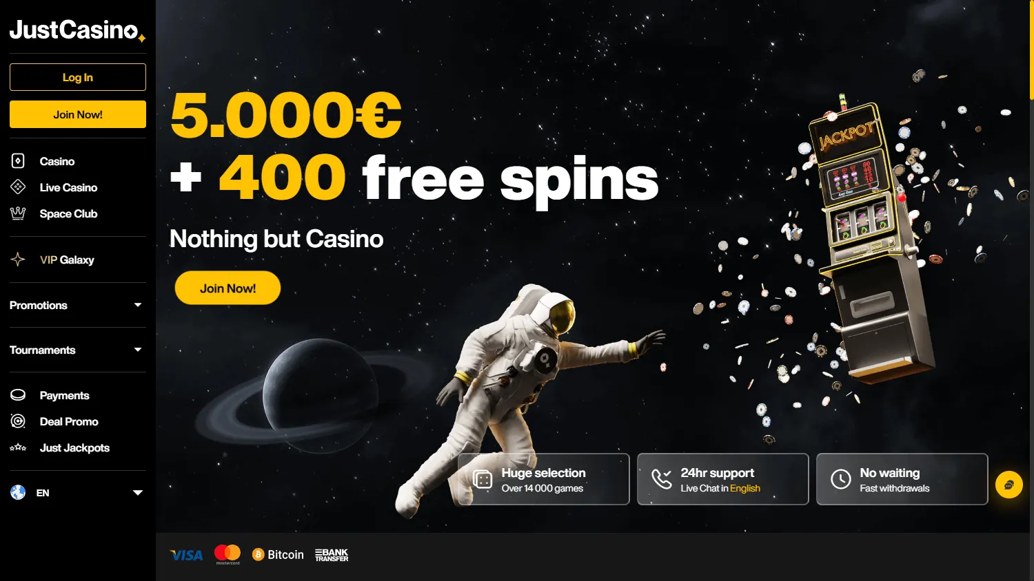 Just Casino desktop casino home with access to games and account features