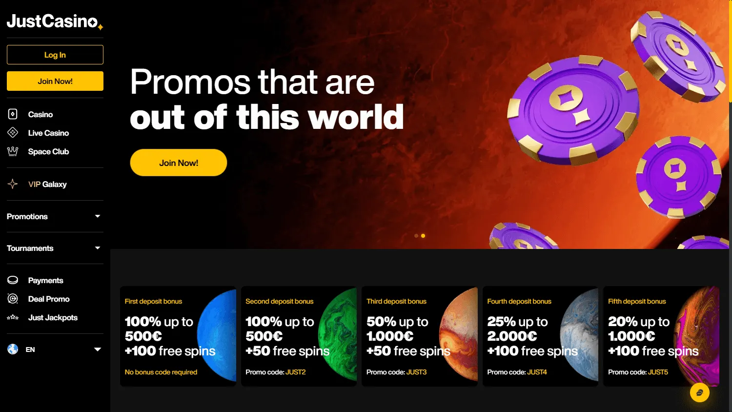 Just Casino desktop promotions area showing the welcome package