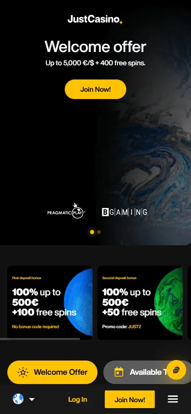 Just Casino mobile promotions area showing welcome offer details