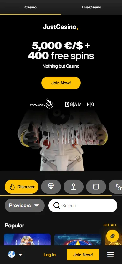 Just Casino mobile browser site with access to the casino library